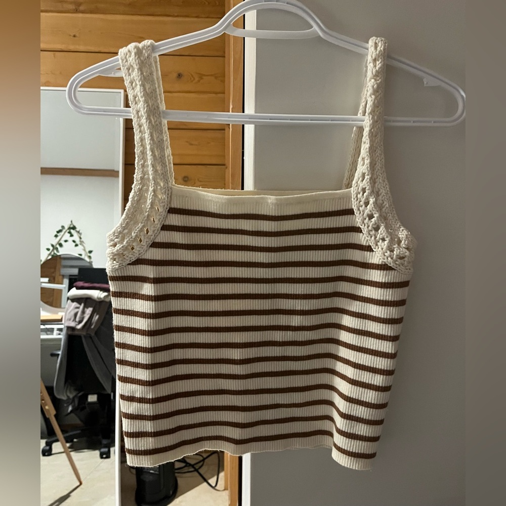 aerie Cream and Brown Striped Cropped Tank with Crochet Straps